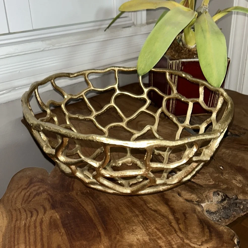 GORGEOUS “Enigma” GOLD METAL decorative table top bowl
